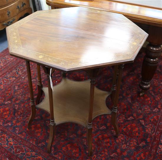 An Edwardian inlaid mahogany octagonal occasional table, with strung columns and understage W.76cm